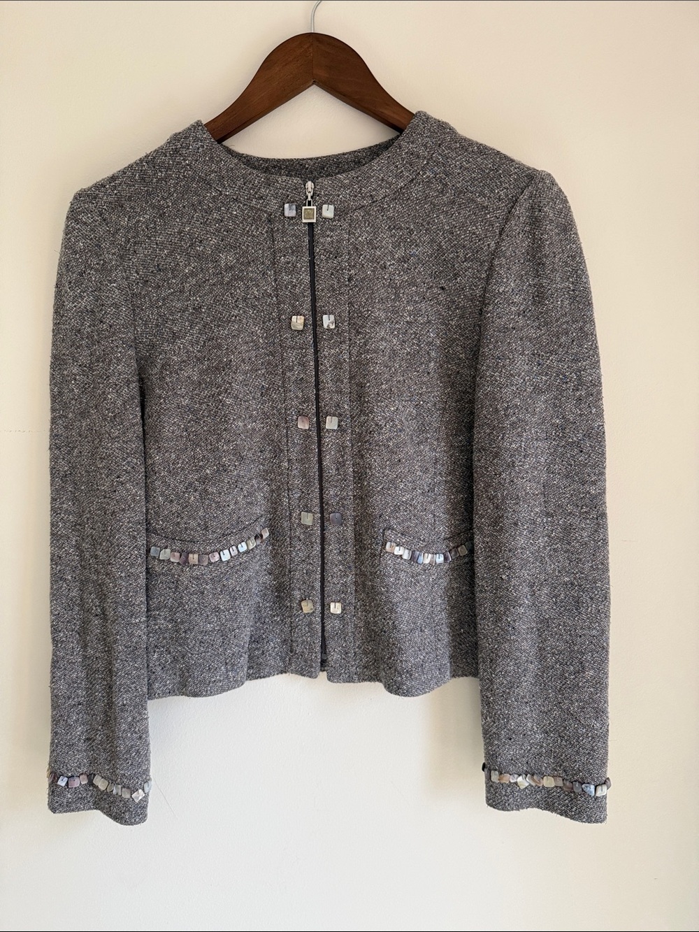 St. John Gray Tweed Mother of Pearl Embellished Knit Jacket